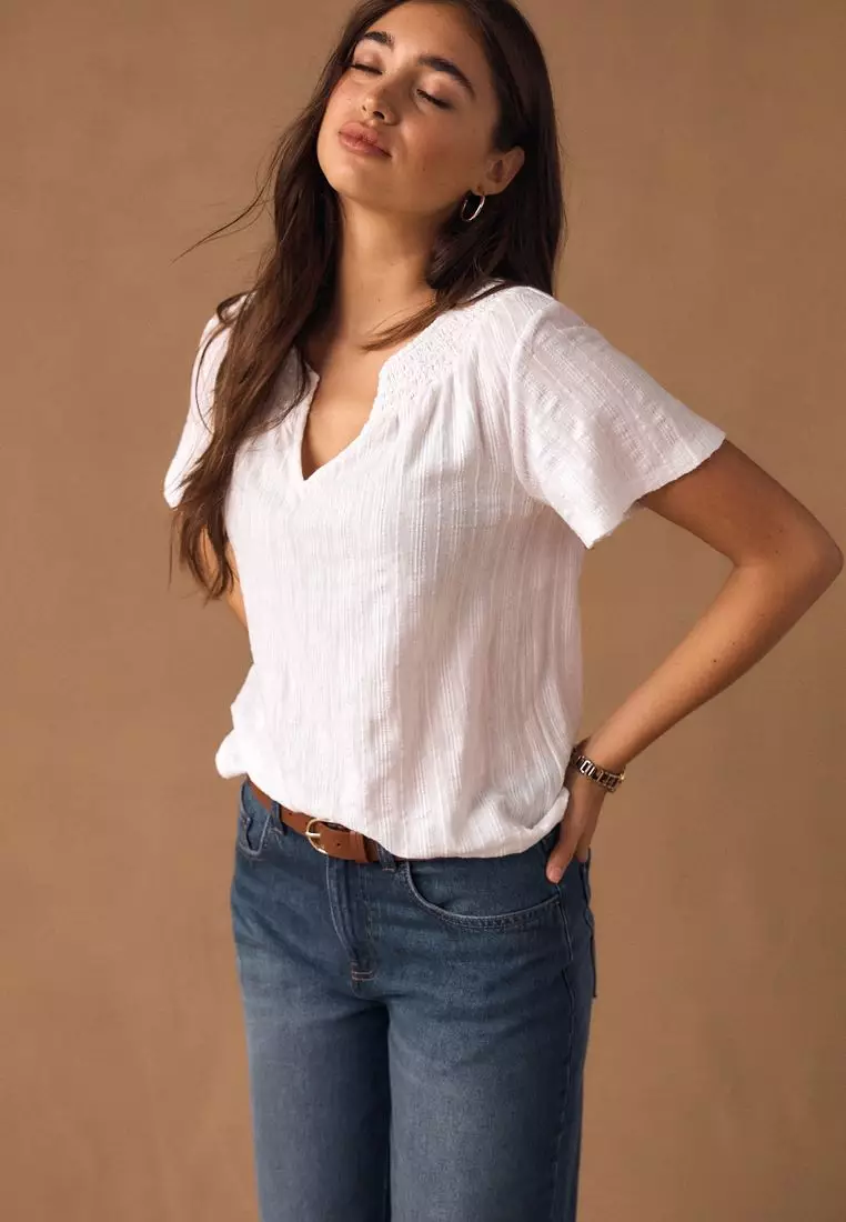 Short Sleeve Notch Neck Shirred Bubblehem T-Shirt