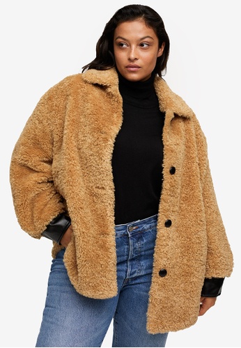 Size Pocketed Faux Fur Coat 2022, Fur Coat Brown Long Sleeve