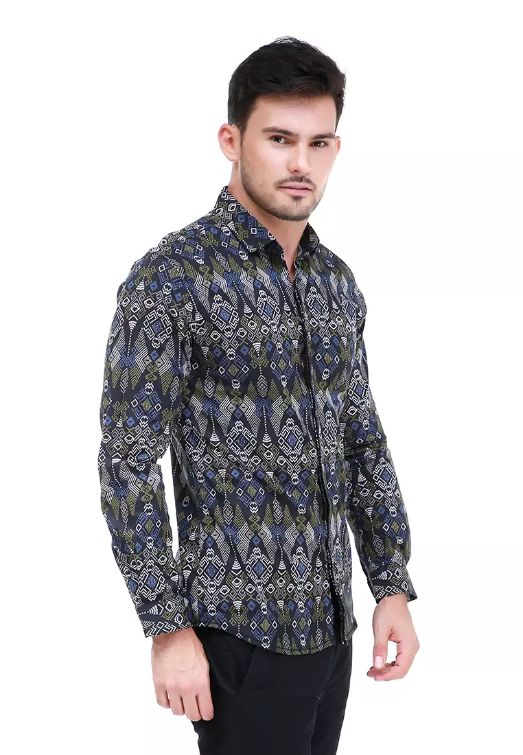 Dwan Kemeja Batik Pria Atasan Formal Longsleeve Shirt Material Cotton ORIGINAL - Black