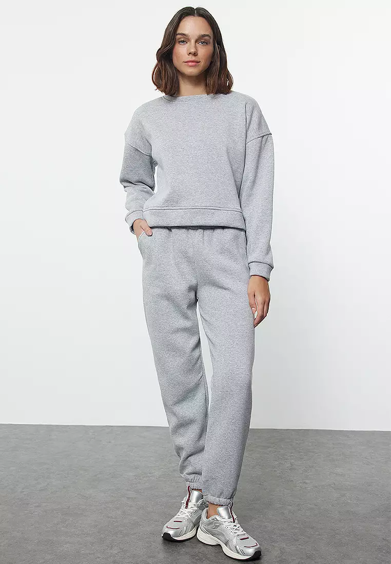 Gray Melange Regular/Normal Pattern Basic Thick Inside Fleece Knitted Tracksuit
