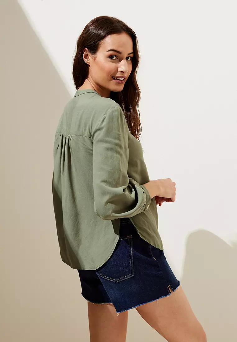 Linen Blend Collarless Long Sleeve Blouse