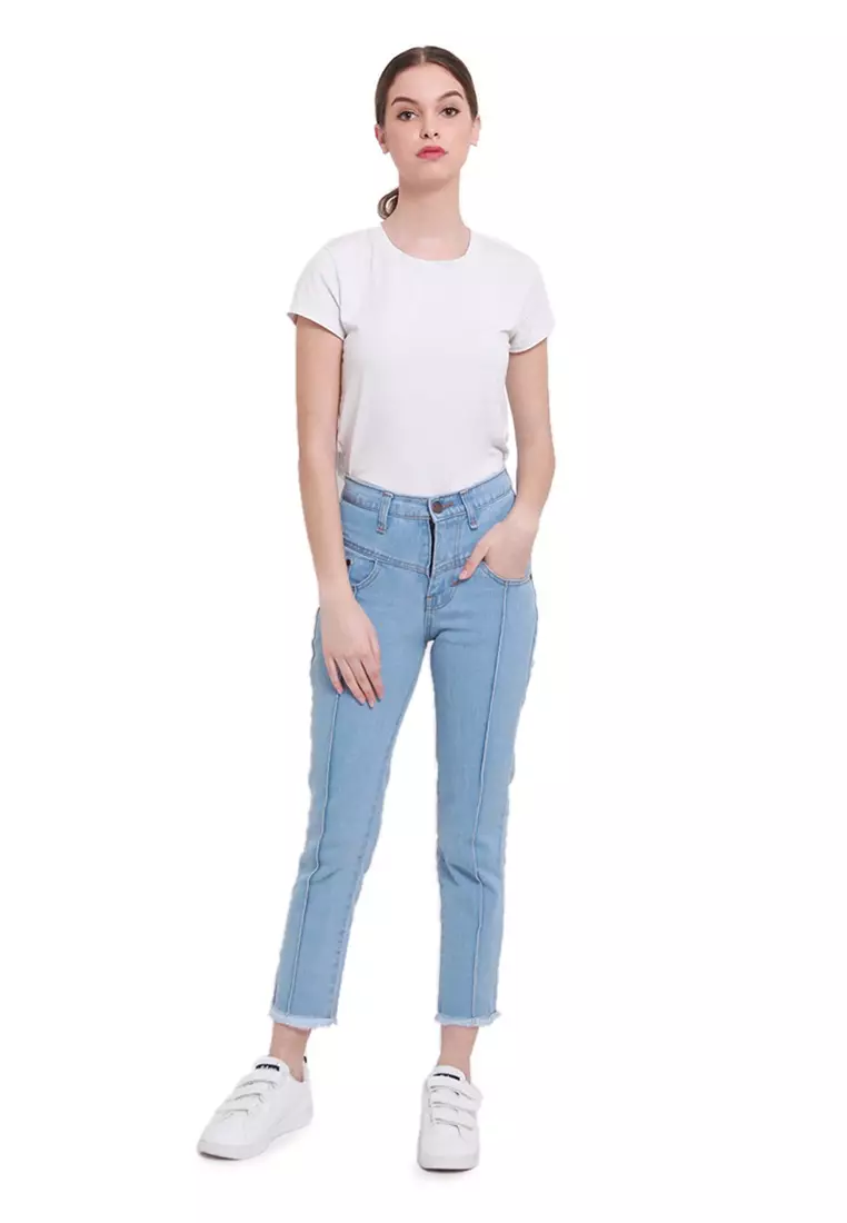 Jesslyn Celana Jeans Boyfriend Aksen Ripped Bawahan Wanita Regular Fit - Light Blue