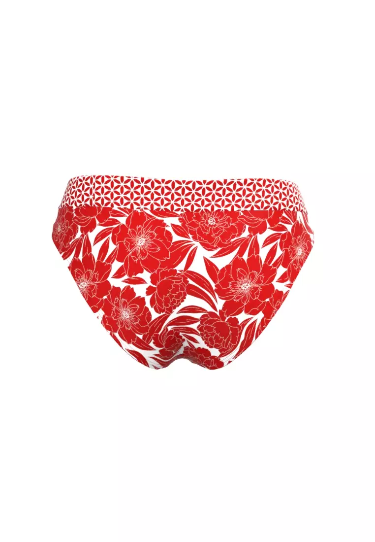 Bold Bloom紅色拼花褶腰帶比基尼泳褲
