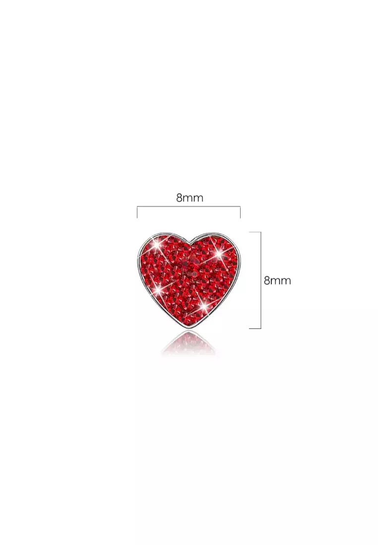 Red Heart Stud Earrings with Sparkling Rhinestones Sterling Silver