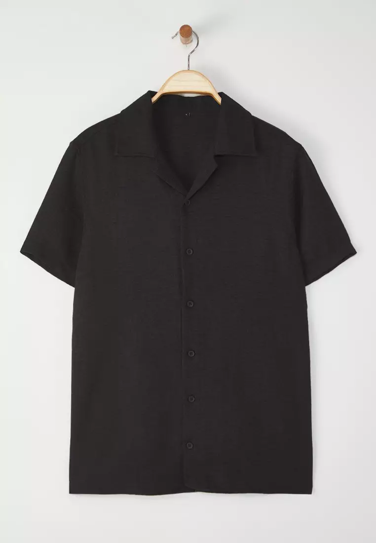 Black Regular Fit Linen Look Loose Loose Shirt TMNSS25GO00075
