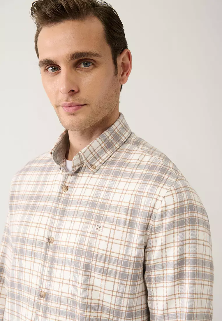 Men's Beige Button-Down Collar 100% Cotton Plaid Shirt A32Y2150