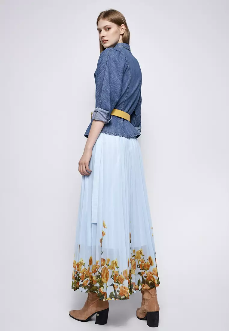 Blue Pleated Chiffon Skirt With Contrast Floral Print
