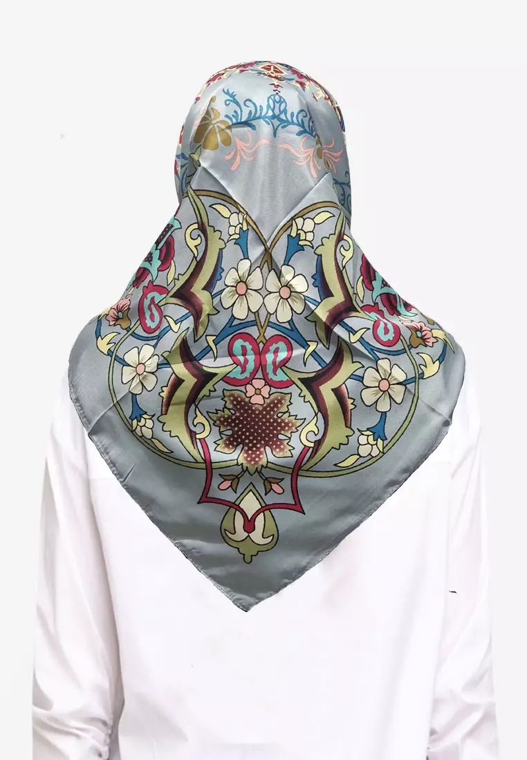 Aksarai Square Scarf Silky Satin Hijab Wanita Grey