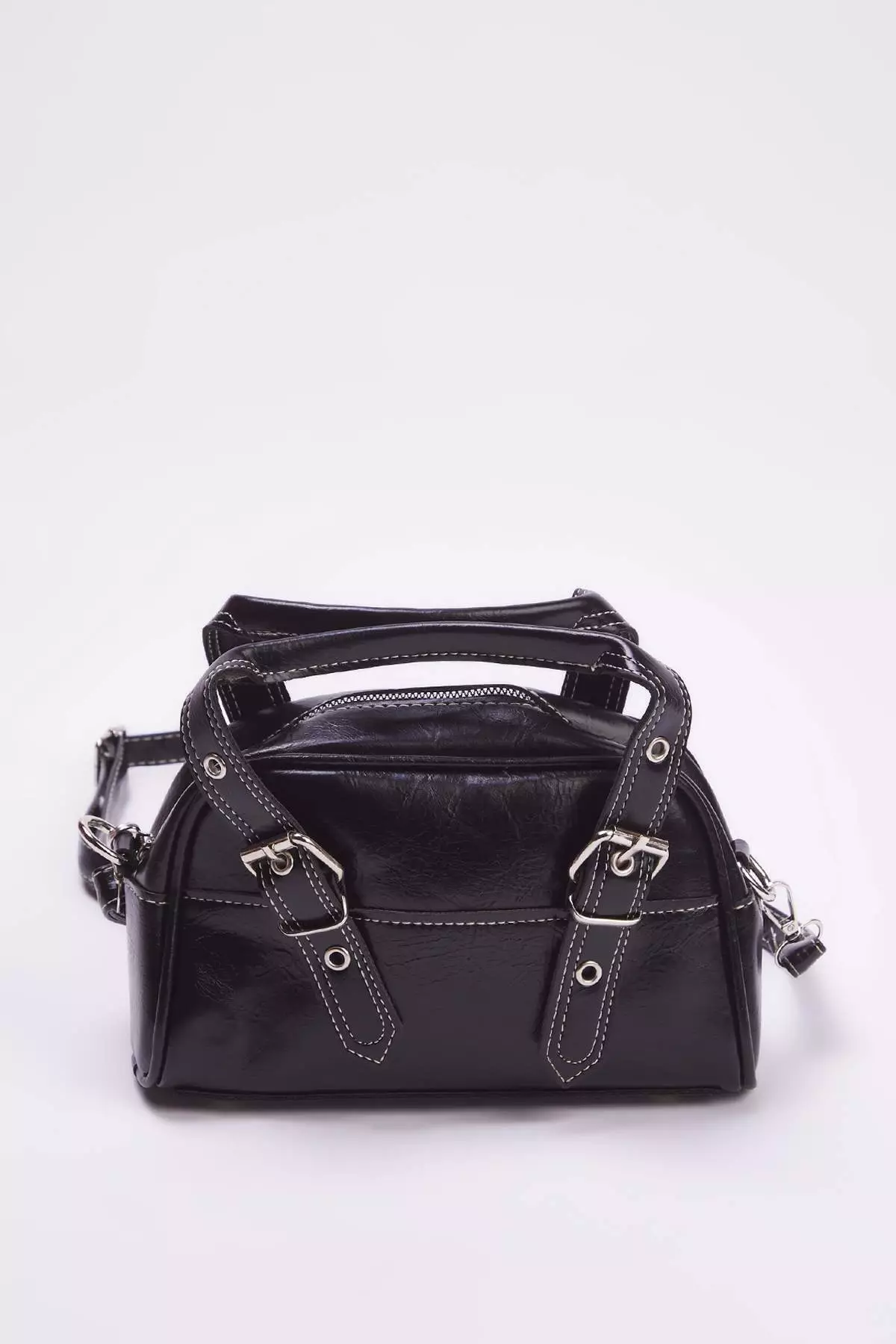 Black Contrast Stitched Women's Bowling Small Mini City Hand And Shoulder Bag
