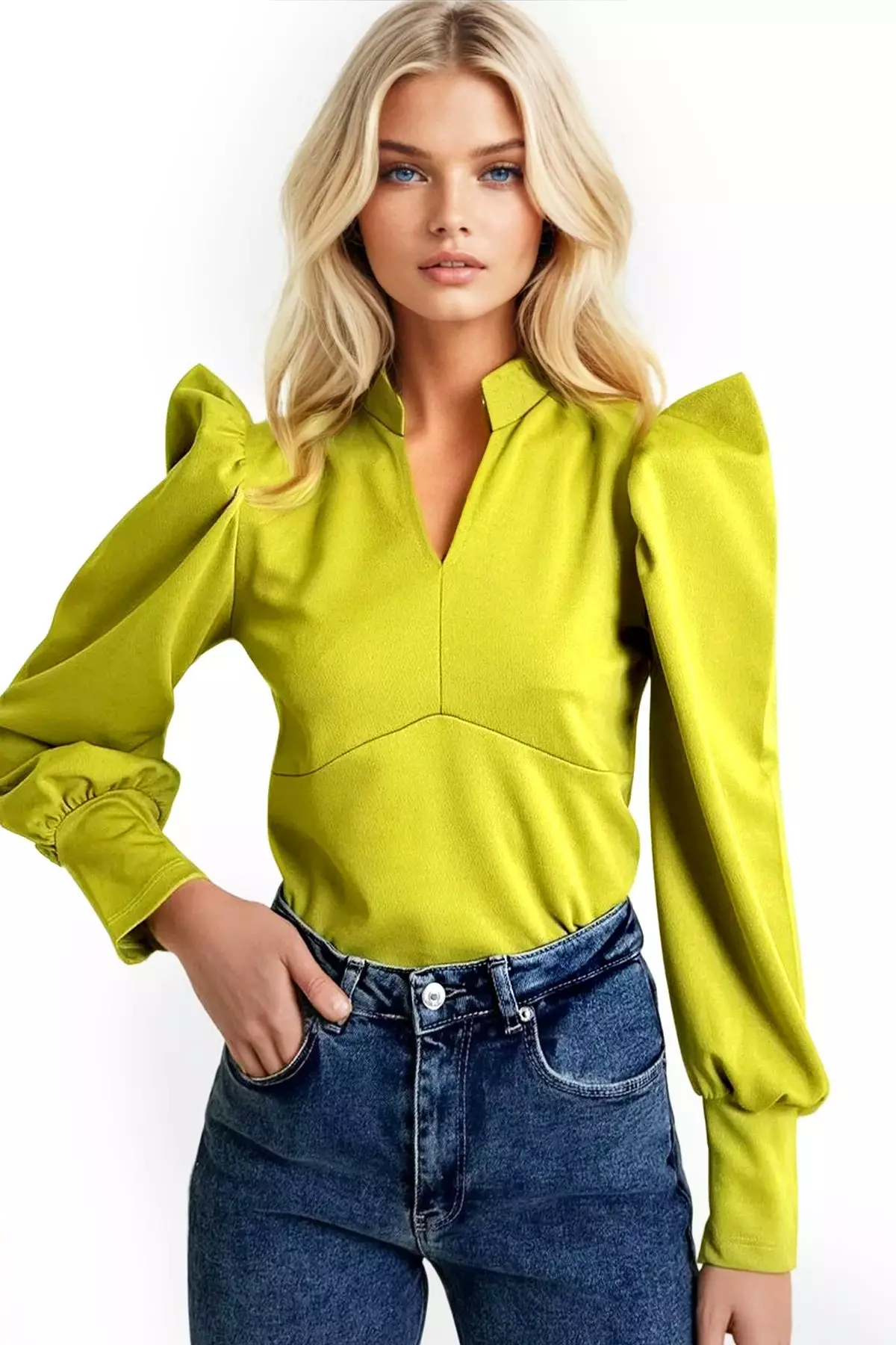 Women's Oil Green Prevailing Collar Princess Sleeve Woven Crop Blouse Alc-X9659