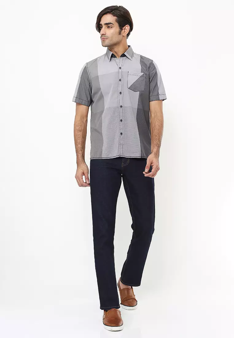 LGS - Regular Fit - Kemeja Casual - Motif Kotak - Kantong Satu - Abu