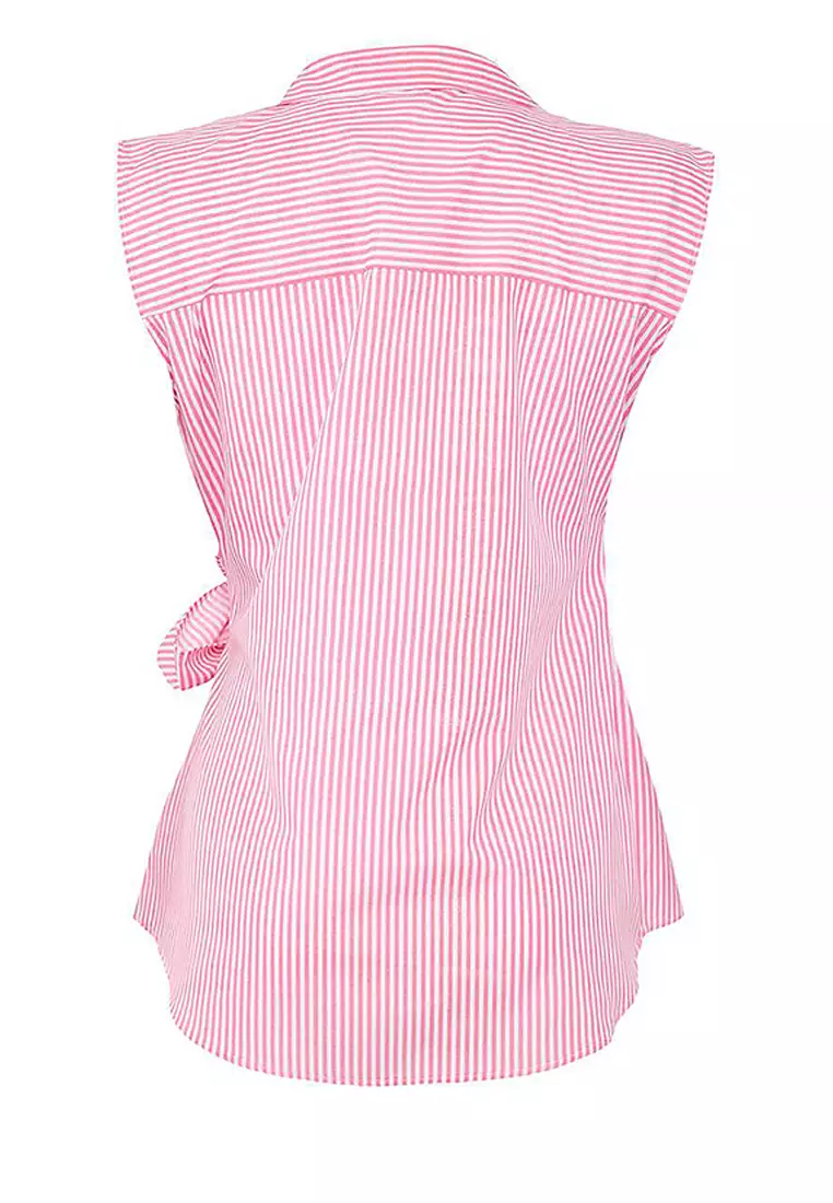 Striped Double Breasted Tie Detailed Woven Blouse