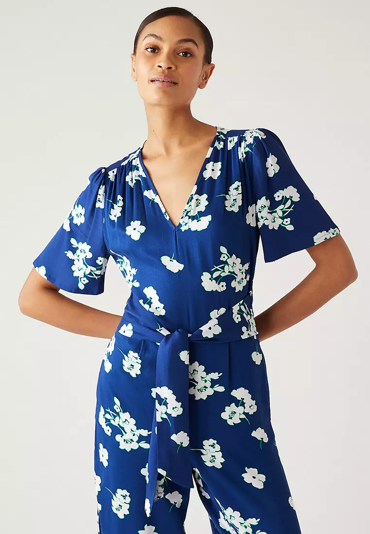 Floral Tie Detail Short Sleeve Jumpsuit