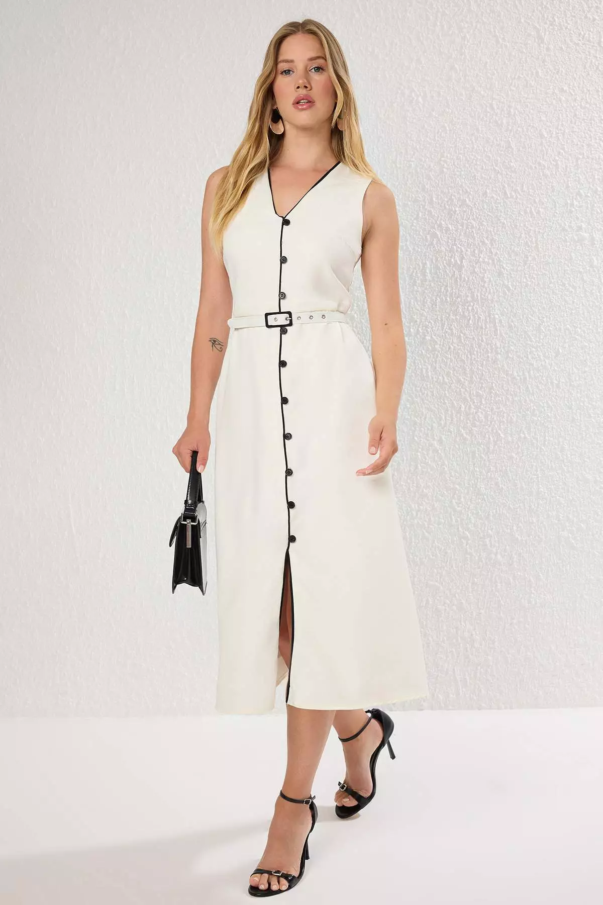 White Belted A-Line Bias And Button Detail Lined Midi Woven Dress