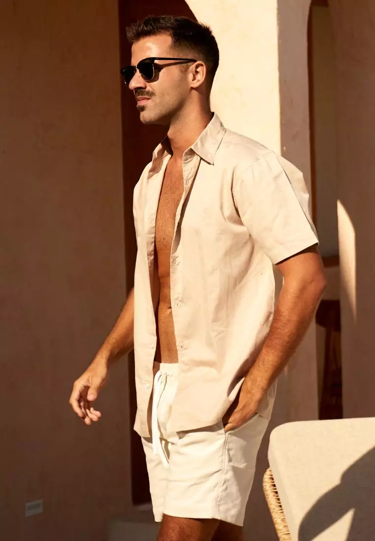 Luca Kemeja Pendek Pria Katun Organik Cream | Organic Cotton Short Sleeves Shirt Men Cream