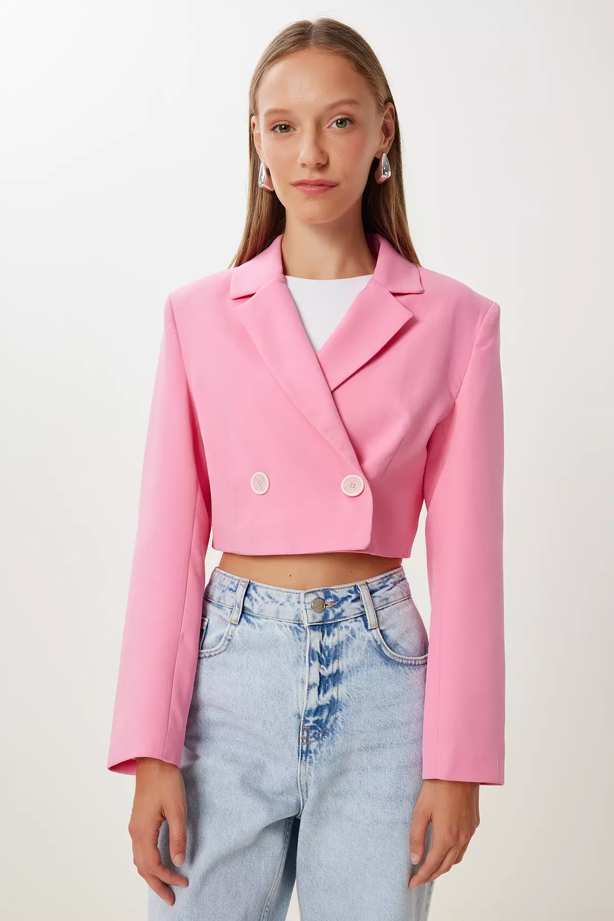 Women's Pink Padded Crop Woven Jacket Kt00019