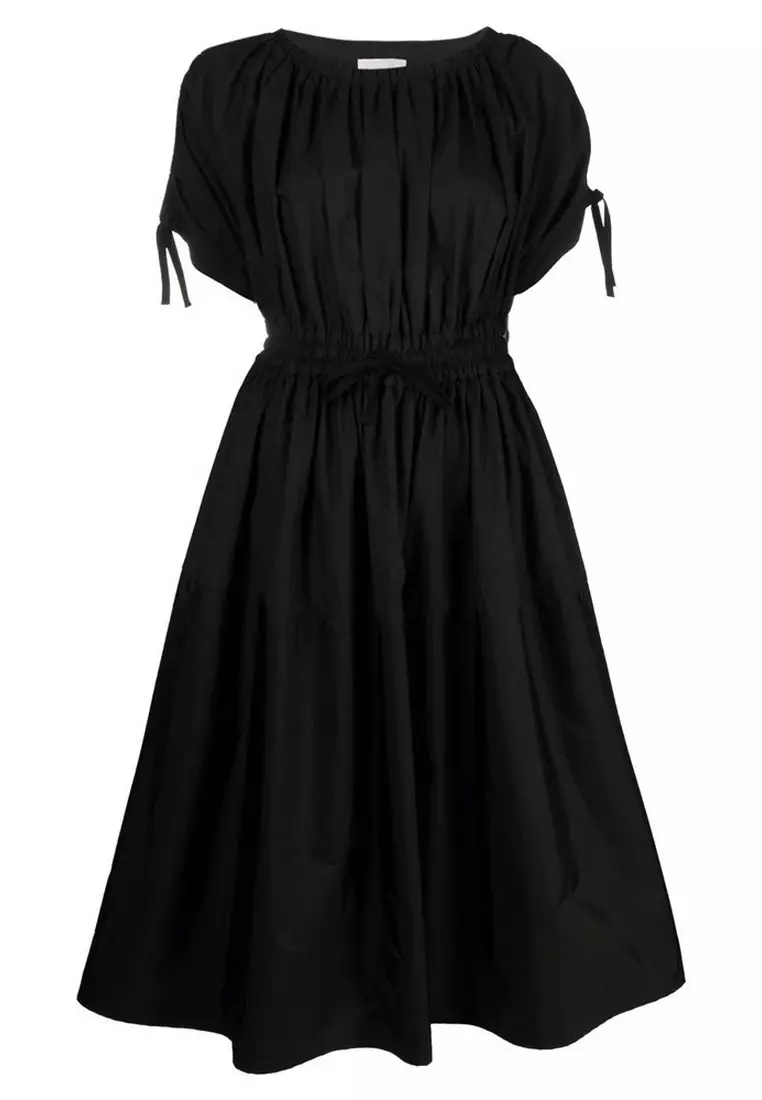 "Poplin" Drawstring Flared Jumper Dress in Black