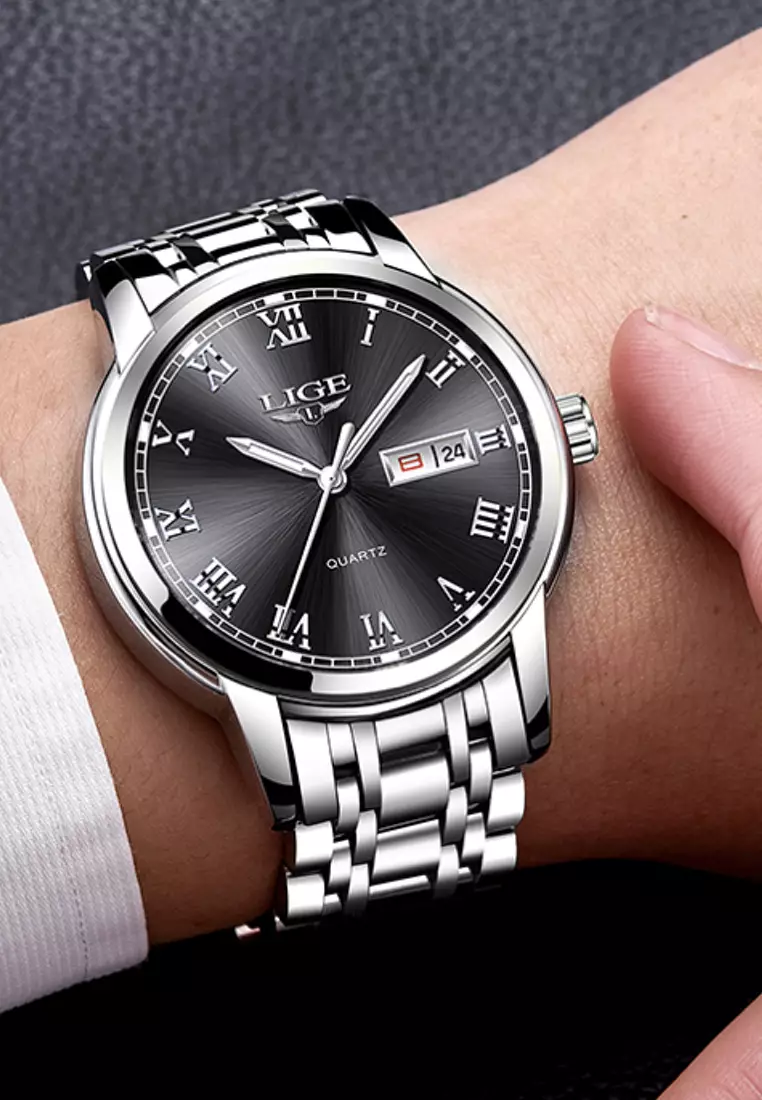 Unisex Day/Date Stainless Steel Quartz Watch on Steel Bracelet