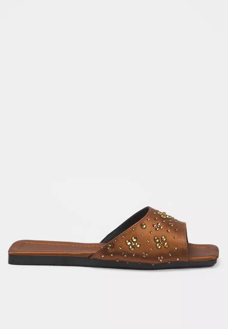 Brown Stone Satin Stylish Women's Slippers Takss25Te00025