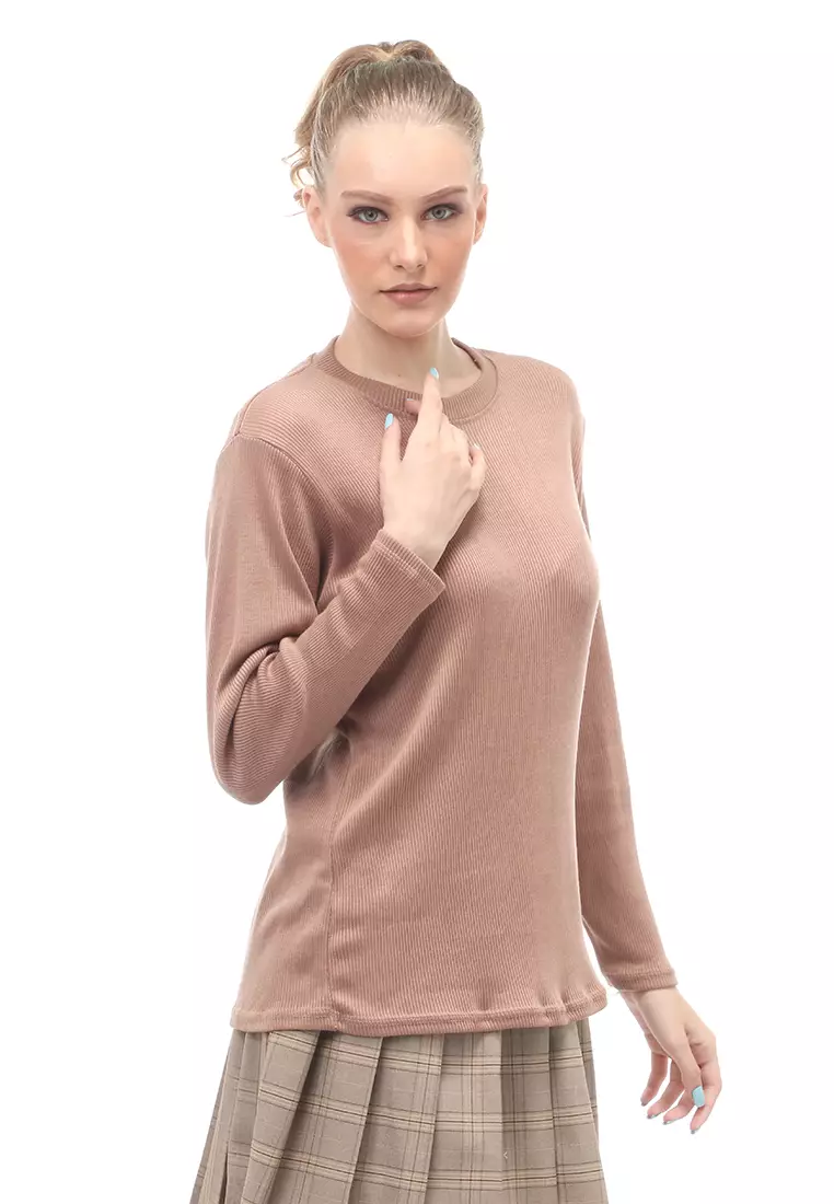 Briley Kaos Atasan Wanita Long Sleeves Motif Salur Relaxed Fit - Mocca Tua
