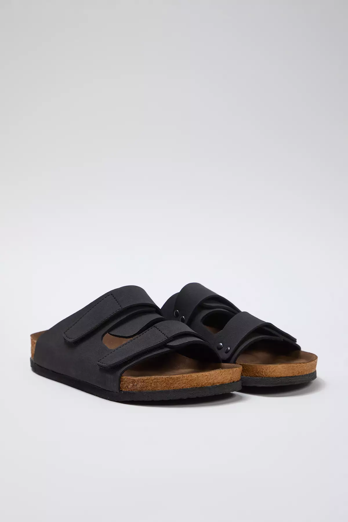 Black Double Velcro Strappy Flat Women's Slippers Takss25Te00002