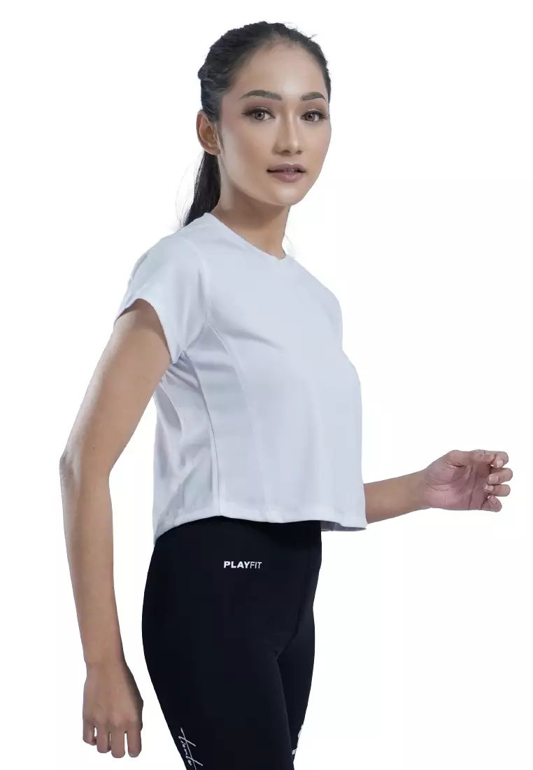 Tiento Baju Olahraga Wanita Crop Top Shirt Kaos Lengan Pendek Running Gym Lari Yoga Pound Fit