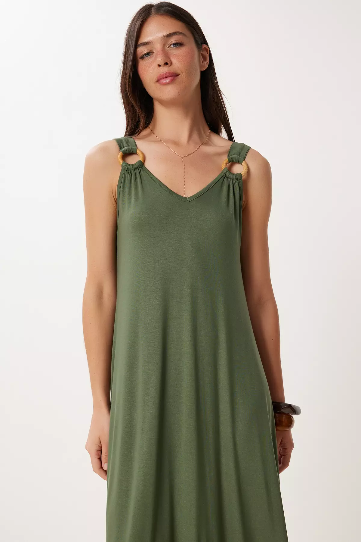 Women's Khaki Ring Detail Summer Viscose Knitted Dress En00645