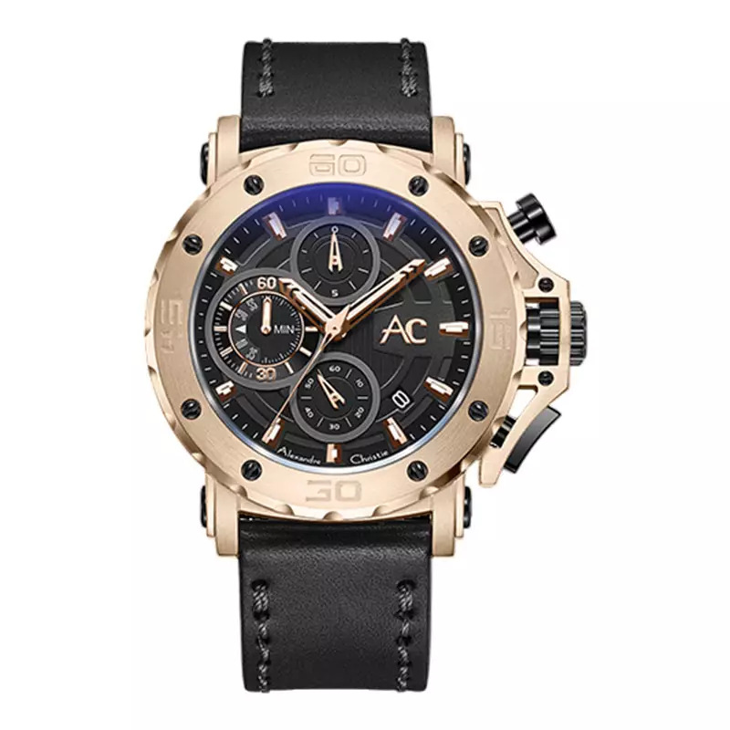 Jam Tangan Pria Alexandre Christie Chronograph AC 9205 MC LCABA Men Black Dial Black Leather Strap