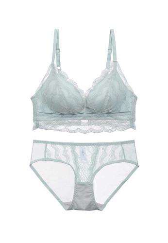 ZITIQUE green Women's 3/4 Thin Cup Lace Lingerie Set (Bra and Underwear) - Light Green 5C3C6USF06976FGS_1