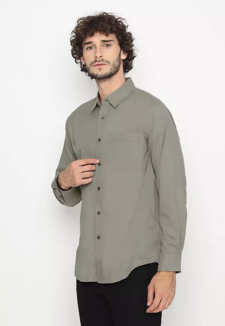 POLICE Kemeja Polos Basic Cotton Soft Grey Regular Fit Lengan Panjang Pria