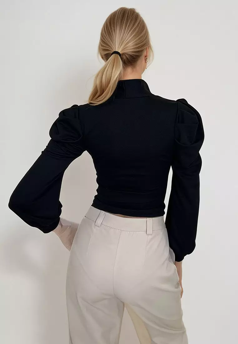 Women's Black Halter Neck Princess Sleeve Woven Blouse
