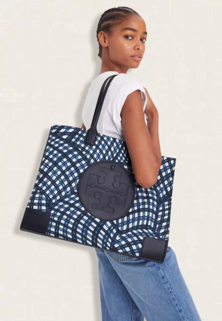 Jual Tory Burch Tory Burch Ella Printed Tote Navy Warped