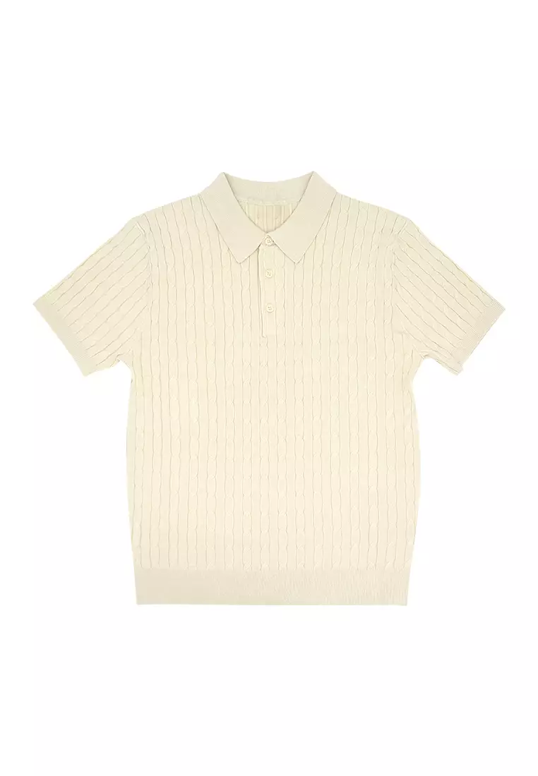 Men's Cable Knit Poloshirt - Light Apricot