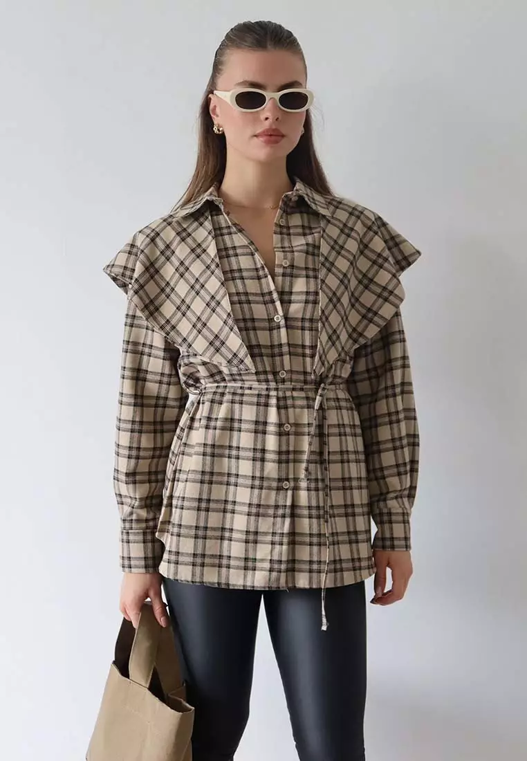 Plaid Detachable Shawl Detailed Shirt