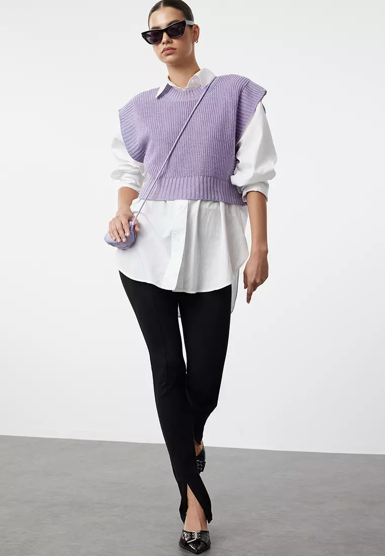 Lilac Crop Crew Neck Knitwear Sweater TWOAW24SV00005