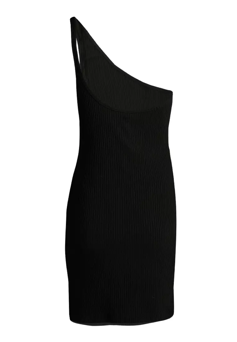 Gaun Rajutan Bodycon Satu Bahu Hitam