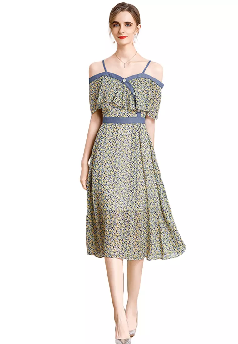 Buy Sunnydaysweety Floral Suspender Stitching Denim One Piece