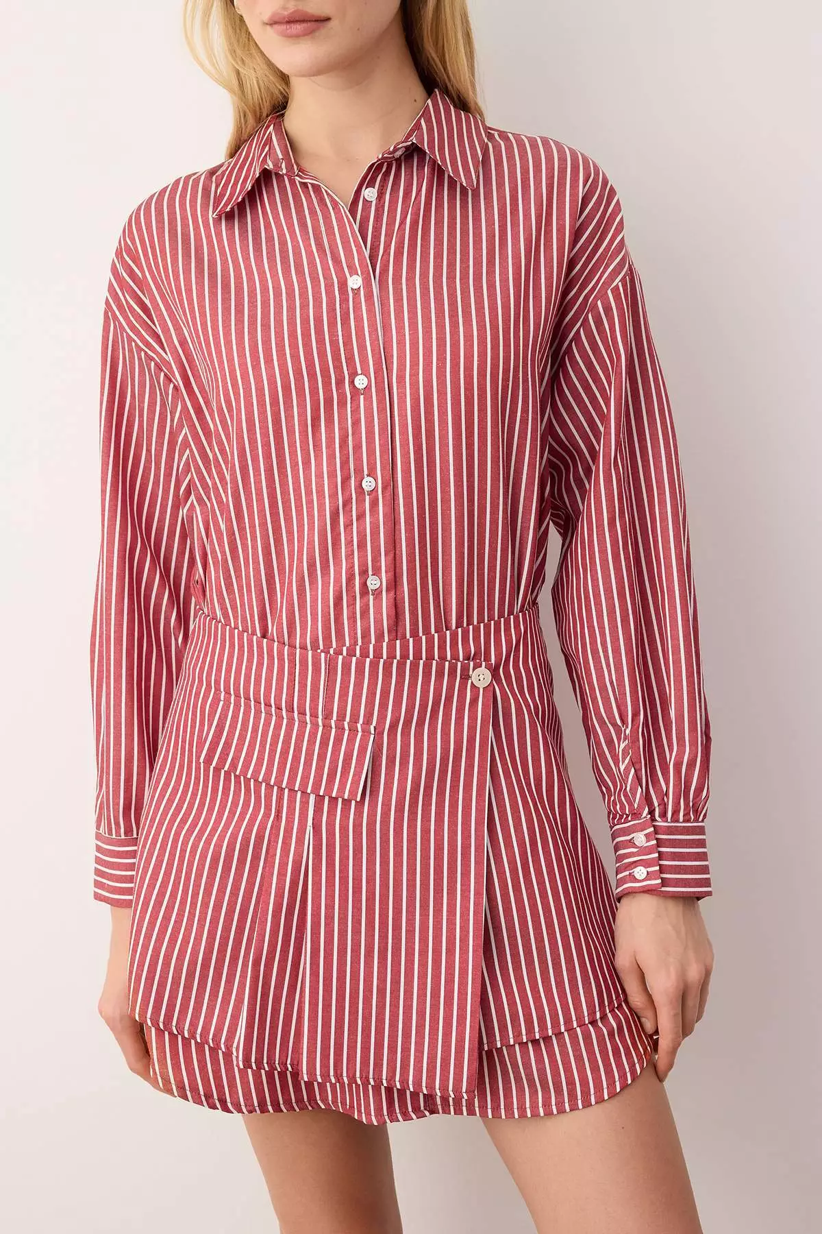 Limited Edition Burgundy Striped Shirt Detailed Mini Woven Dress
