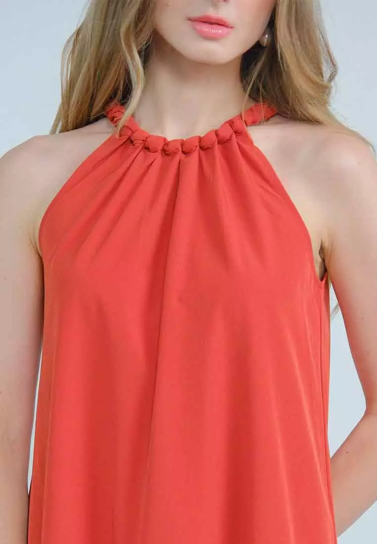 Orlisse Shift Flounce Hem Dress with Braided Neckline