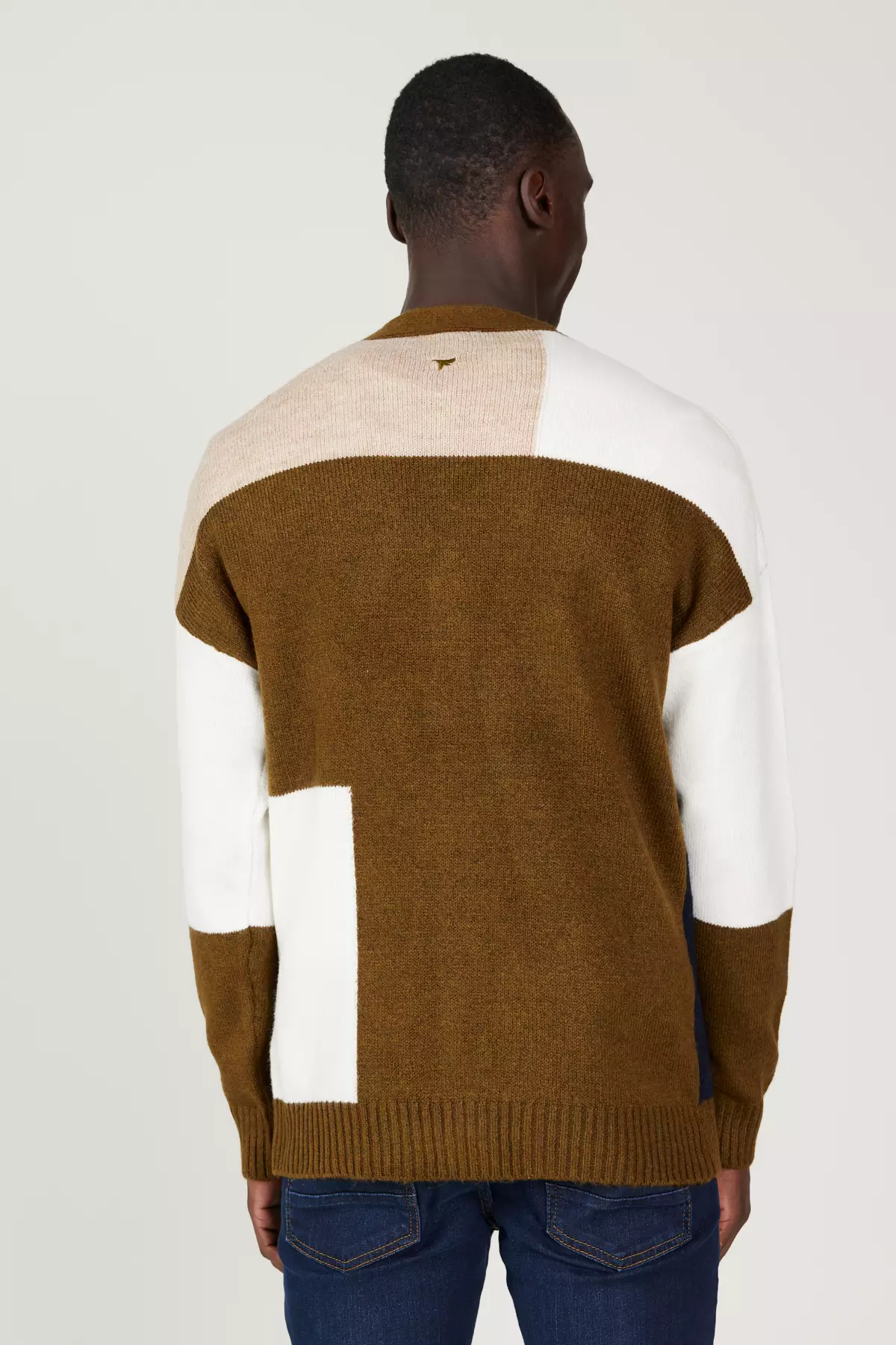 Khaki-Ecru Standard Fit Regular Cut V-Neck Fleece-Lined Soft Textured Knitwear Cardigan