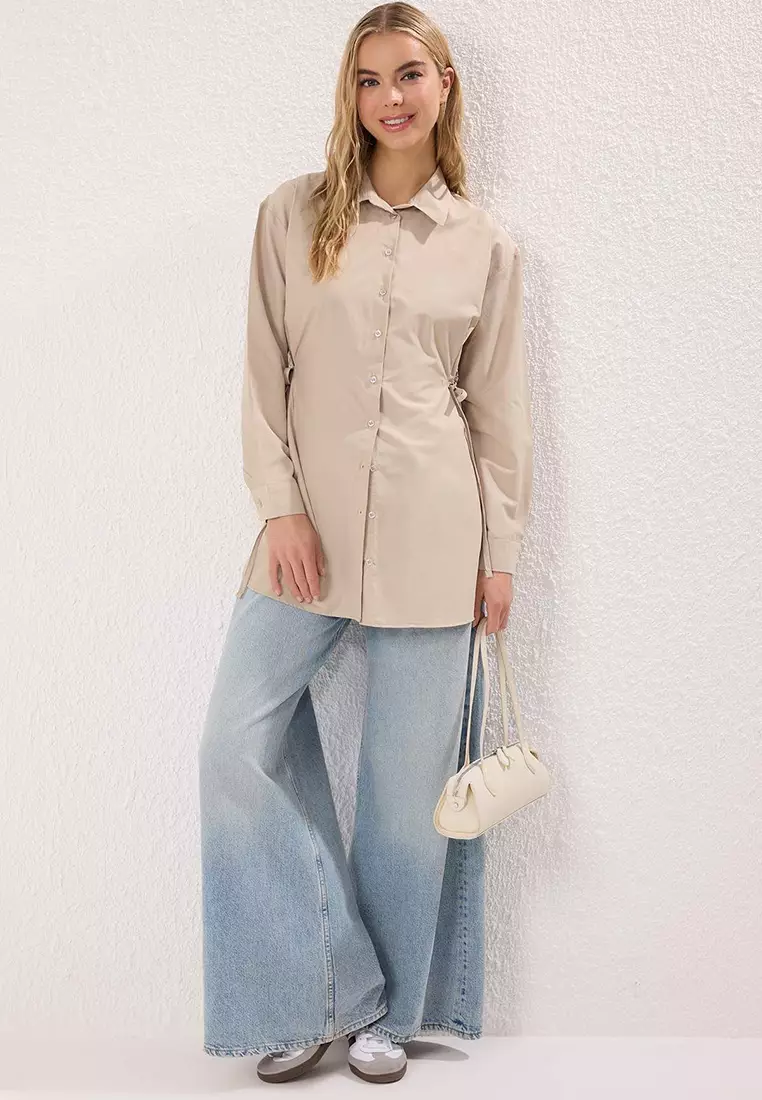 Beige Cotton Side Lace Detail Woven Shirt TCTSS25TG00032
