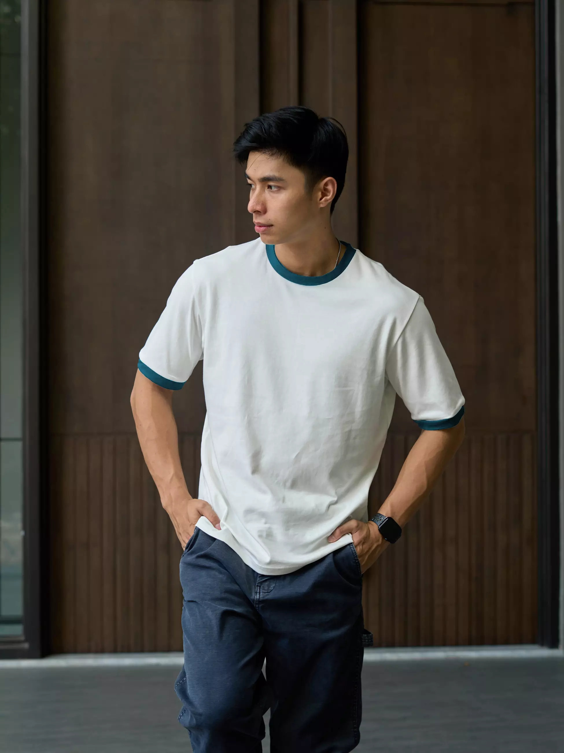 Kale Ringer White Dark Tosca / Cotton Cloudy / Kaos Boxy Fit / Kaos Korea / Atasan Kaos Pria / Kaos Basic Pria