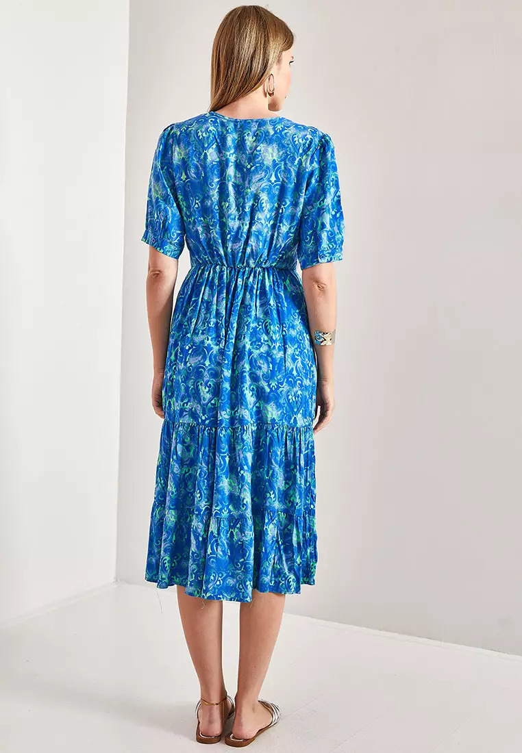 (4p. pack) Blue Printed Viscose Midi Dress - V3 main image 1