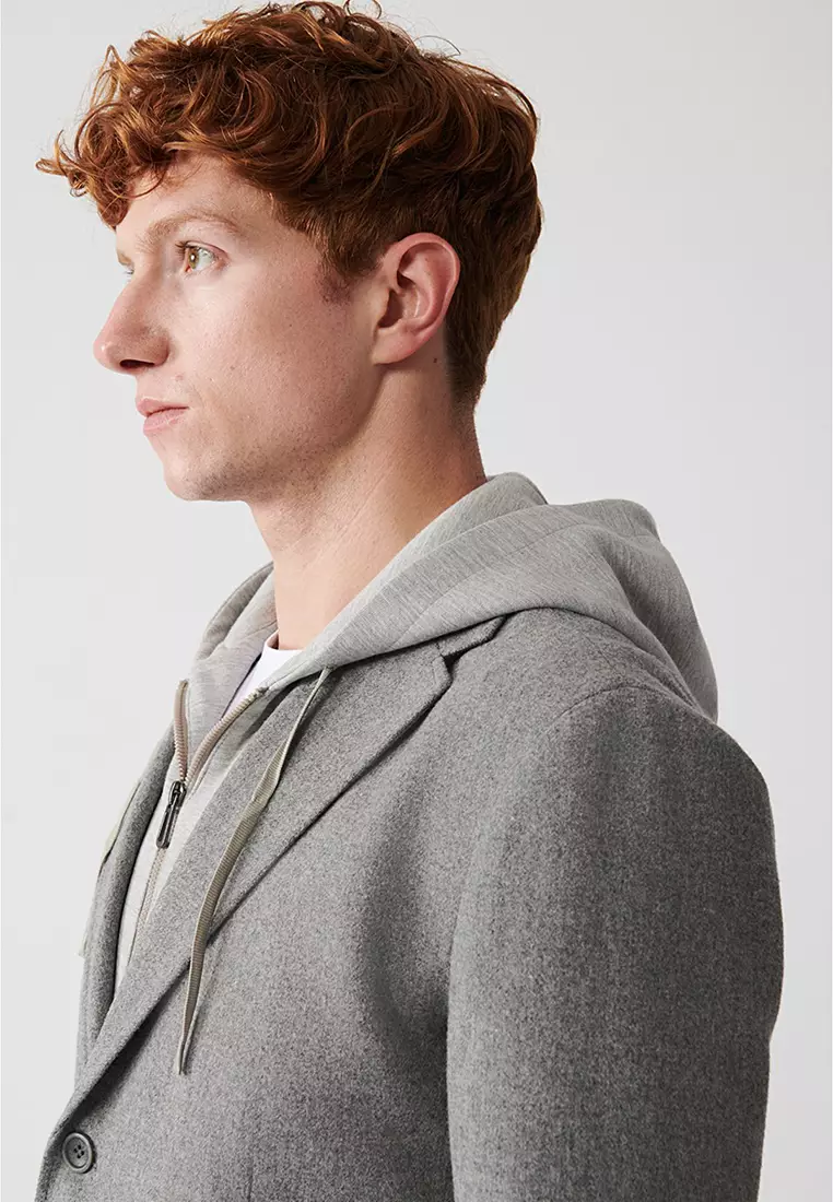Men's Gray Removable Hooded Wool Jacket A32Y4017