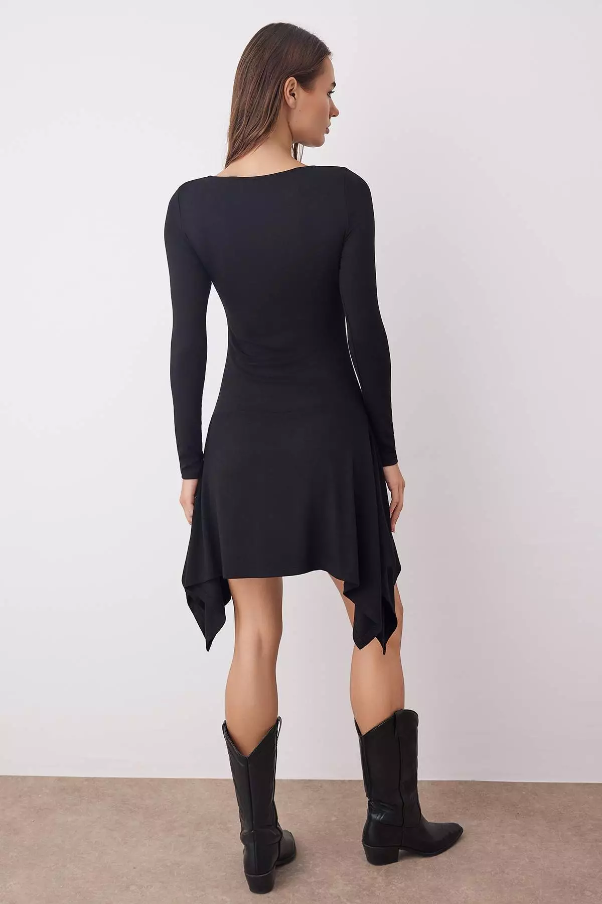 Black Viscose Asymmetric Ruffle Flexible Plain Short / Mini Knitted Dress Twoaw26El00064