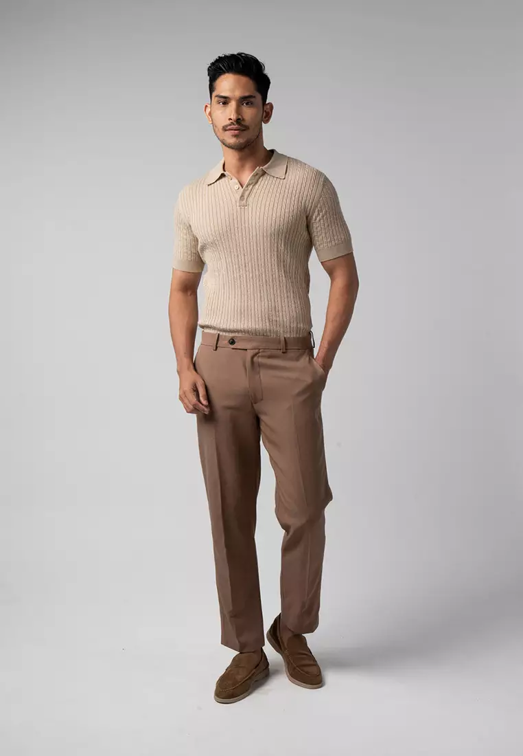 Mens Cable Knit Cotton Polo Beige