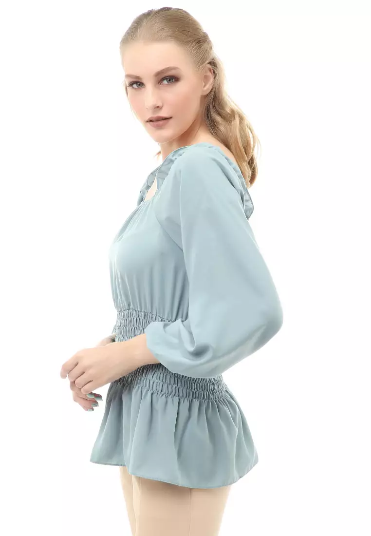 Cheva Blouse Atasan Wanita Sabrina Karet Pinggang Lengan Panjang Casual Shirt Long Sleeve Material Wolfis ORIGINAL