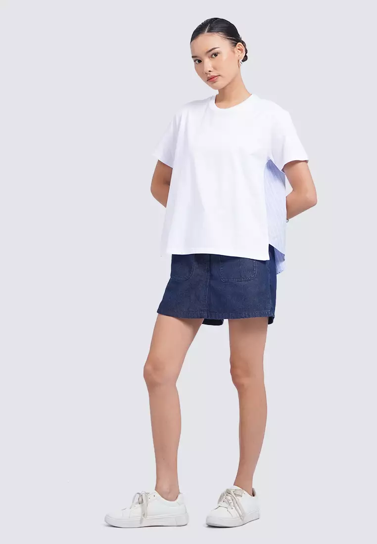 Short Sleeve Top with Contrast Fabric OFF WHITE