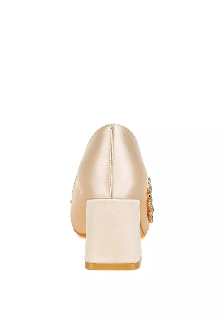 Satin Diamante Embellished Pumps in Beige