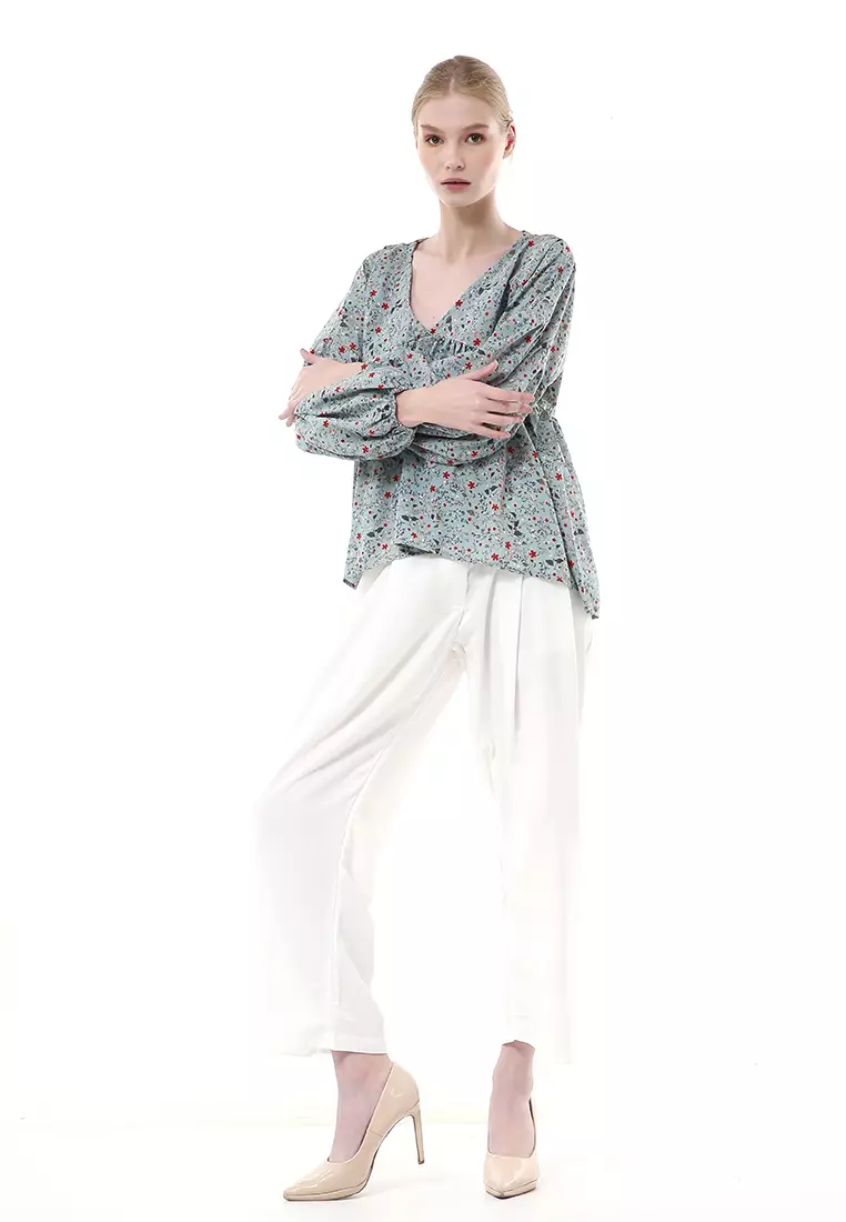 Milea Blouse Balon Atasan Wanita Motif Flower Premium Quality - Stone
